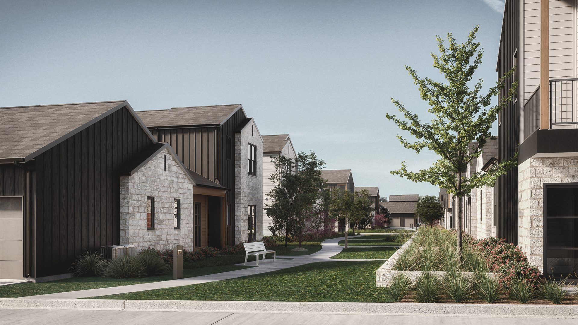 a rendering of a residential neighborhood with a sidewalk at The parcHAUS at Mustang Drive
