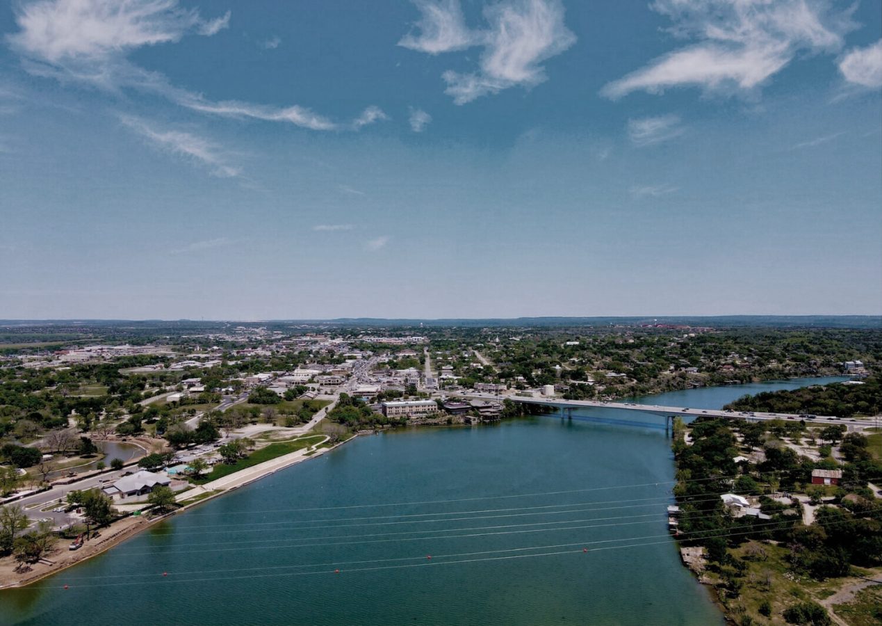 aerial view of the city of san antonio and the river at The parcHAUS at Mustang Drive