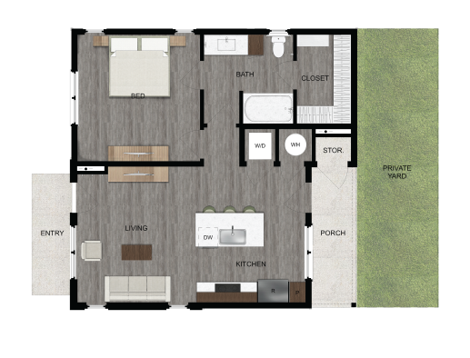 the floor plan for a one-bedroom apartment at The parcHAUS at Mustang Drive