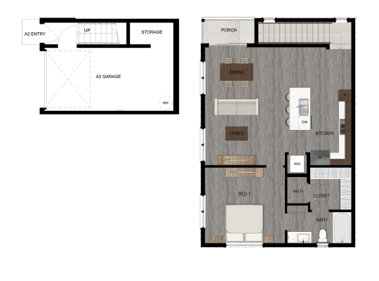the floor plan for a one-bedroom apartment at The parcHAUS at Mustang Drive