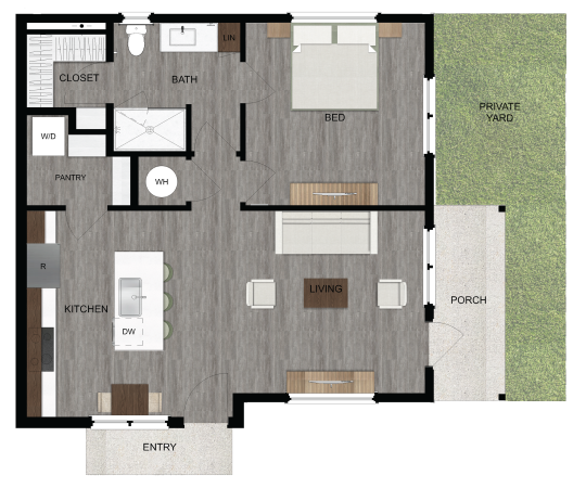 the floor plan for a one-bedroom apartment at The parcHAUS at Mustang Drive