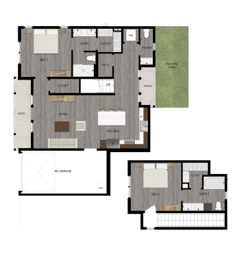 the floor plan for a two bedroom apartment at The parcHAUS at Mustang Drive