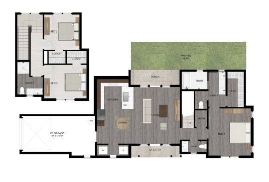 the floor plan for a three-bedroom apartment at The parcHAUS at Mustang Drive
